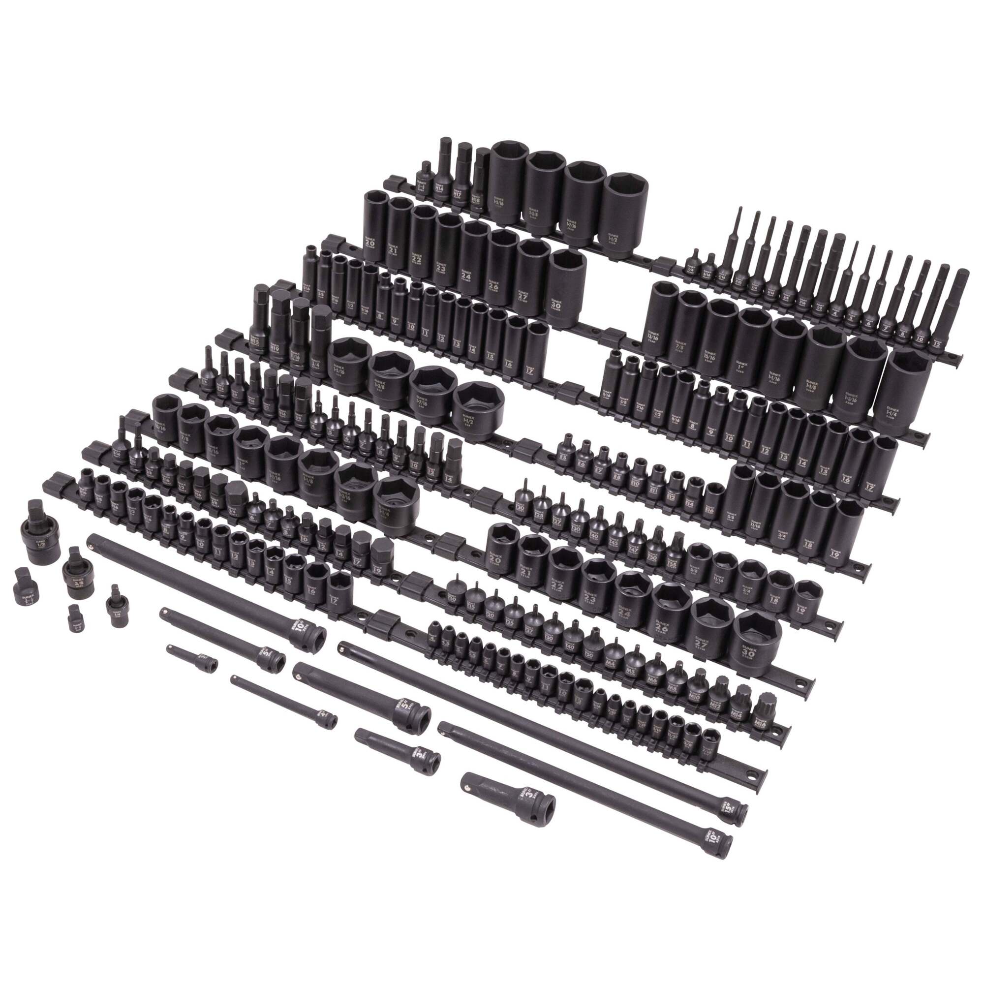 Sunex Tools Master Impact Socket Set — 222-Piece, SAE & Metric, 1/4in., 3/8in., 1/2in. Drive, 6-Point, Standard & Deep Sockets, Model# 10222